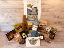 Load image into Gallery viewer, Base Camp Card Question and Conversation starter Playing cards, Cedar cooking wraps (10), Cedar BBQ scraper, Mulling Spice, Coffee Wild Pacific Whole Bean, Claire Watson art Long Beach Break 8”x10” print, West Coast Wild card, Organic Cedar Chocolate Bar, Roasted Spanish nuts, Rhubarb and Vanilla Jam, Organicfair Westcoaster Dark Chocolate Bar, Hot Sauce Clean Mango, Turkish Towel, Citrus Fruit Chews, Sunset Beach themed personalized card